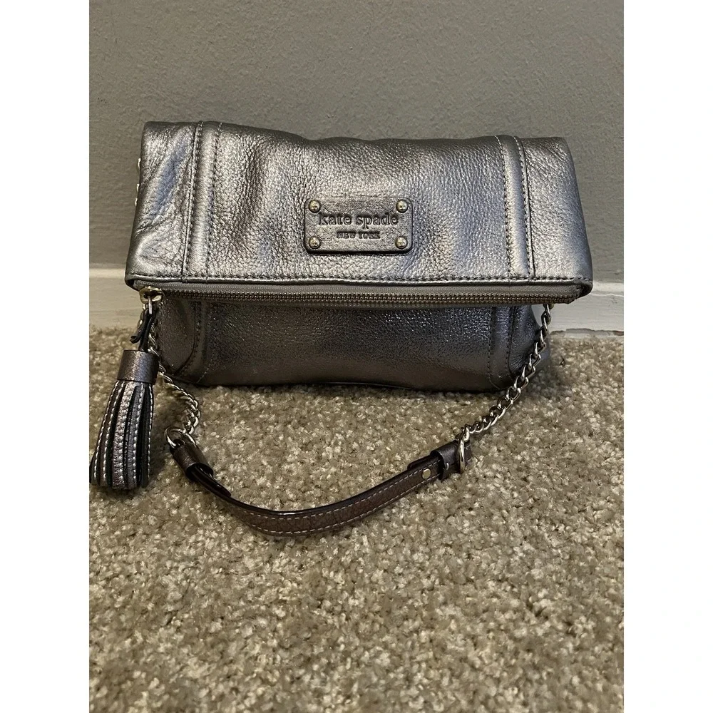 Kate Spade New York Metallic Leather Pewter Bag Shoulder Chain Strap/clutch Y2k